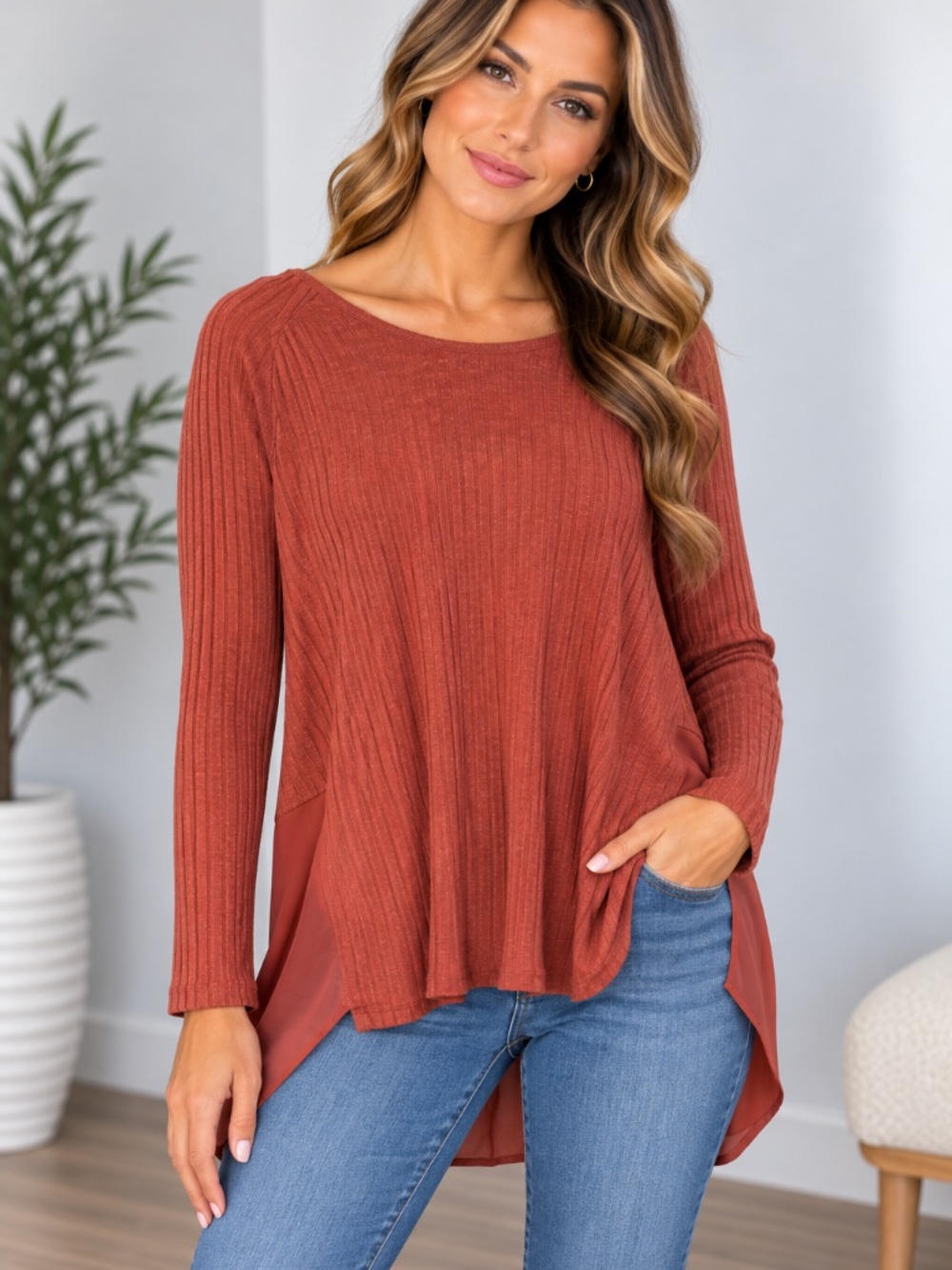 Pleione Women's Rust Tunic Style Ribbed Blouse, size Large